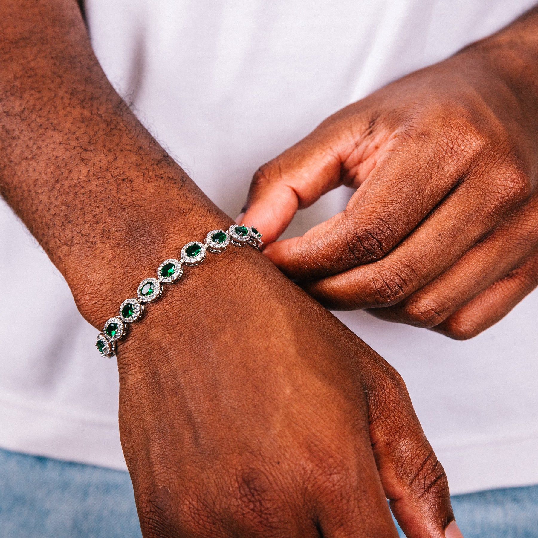 Emerald Halo Cut Mens Bracelet