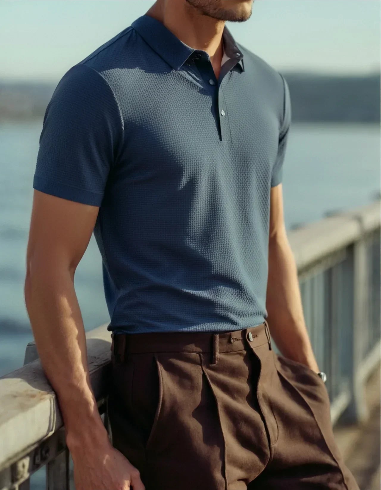 Camisa Polo Masculina Arrevier Tecnologia Anti Amassado azul 